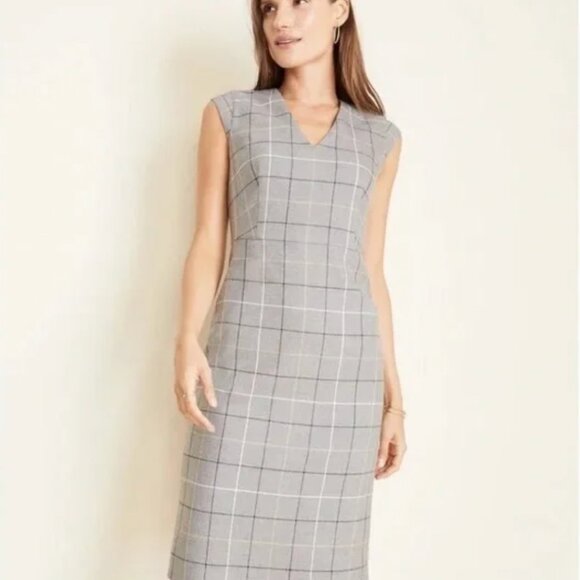 Ann Taylor Grey Checked Sheath Dress Size 2 Petite - Picture 1 of 8